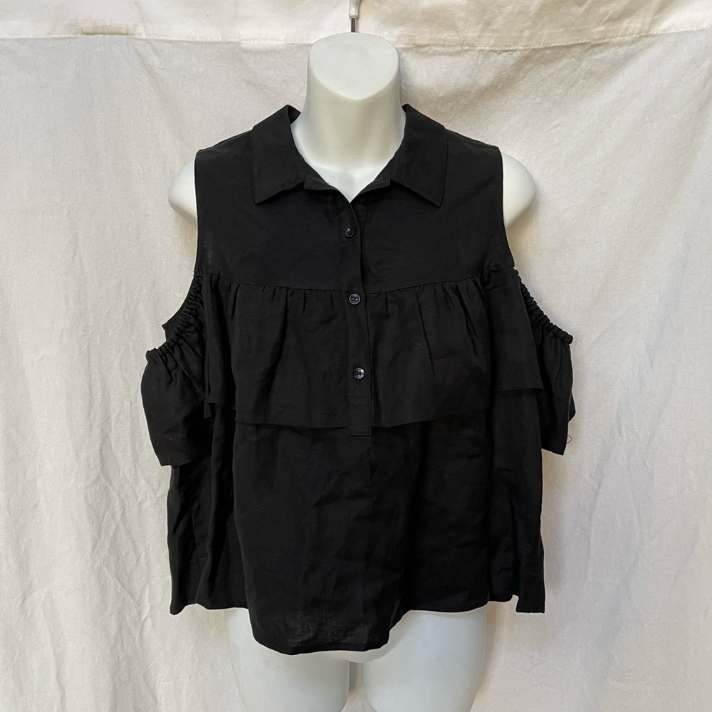 Black button up blouse with off shoulder detail